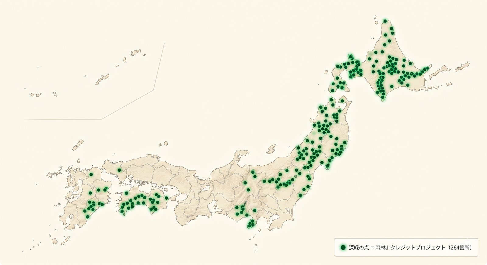 日本地図上に264件の森林由来J-クレジット位置を表示