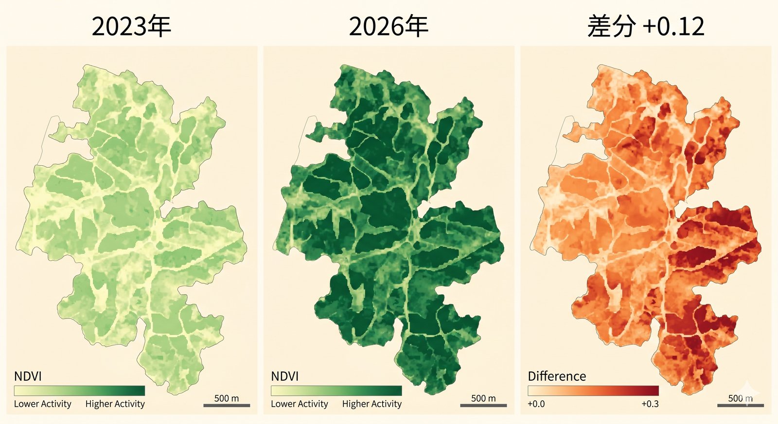 2023年と2026年のNDVI比較画像と差分マップ：施業効果が明確に見える