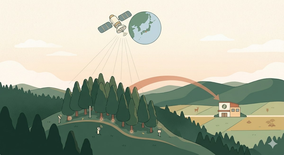 衛星が森を観測し、CO2吸収が会社に届く仕組み